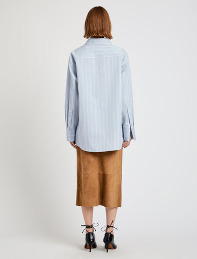 Proenza Schouler Back full length image of model wearing Addy Top in Stripe Cotton Silk Poplin in Grey Multi