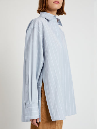 Proenza Schouler Detail image of model wearing Addy Top in Stripe Cotton Silk Poplin in Grey Multi
