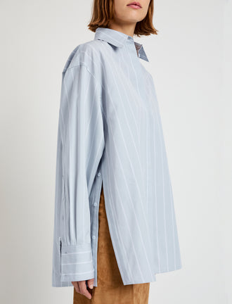 Proenza Schouler Detail image of model wearing Addy Top in Stripe Cotton Silk Poplin in Grey Multi