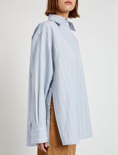 Proenza Schouler Detail image of model wearing Addy Top in Stripe Cotton Silk Poplin in Grey Multi