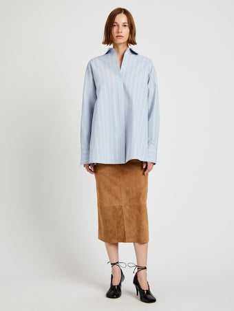 Proenza Schouler Front full length image of model wearing Addy Top in Stripe Cotton Silk Poplin in Grey Multi