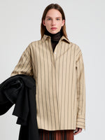 Proenza Schouler Front cropped image of model wearing Addy Top in Stripe Cotton Silk Poplin in Taupe Multi