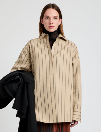 Proenza Schouler Front cropped image of model wearing Addy Top in Stripe Cotton Silk Poplin in Taupe Multi