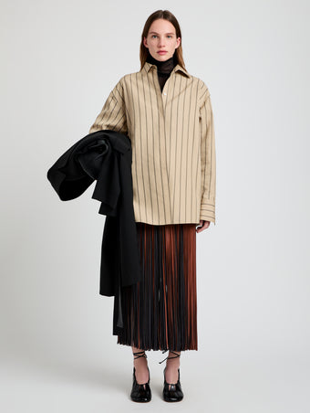 Proenza Schouler Front full length image of model wearing Addy Top in Stripe Cotton Silk Poplin in Taupe Multi