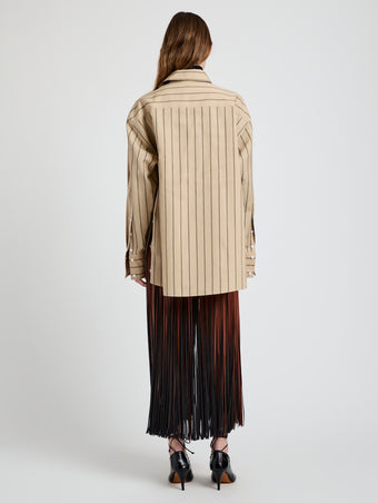 Proenza Schouler Back full length image of model wearing Addy Top in Stripe Cotton Silk Poplin in Taupe Multi