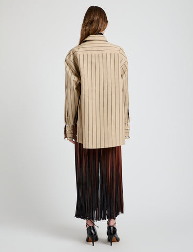 Proenza Schouler Back full length image of model wearing Addy Top in Stripe Cotton Silk Poplin in Taupe Multi