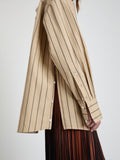 Proenza Schouler Detail image of model wearing Addy Top in Stripe Cotton Silk Poplin in Taupe Multi
