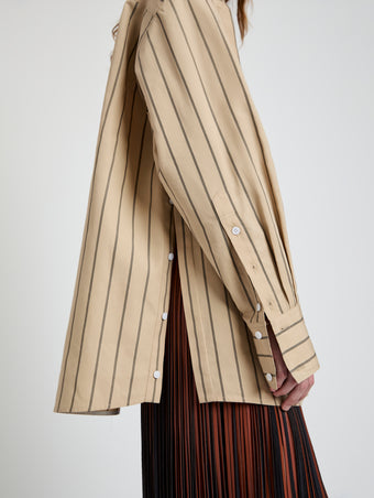 Proenza Schouler Detail image of model wearing Addy Top in Stripe Cotton Silk Poplin in Taupe Multi