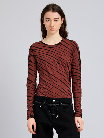 Proenza Schouler Front cropped image of model wearing Mia T-Shirt in Tie Dye Tissue Jersey in Bark Multi