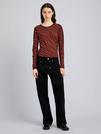 Proenza Schouler Front full length image of model wearing Mia T-Shirt in Tie Dye Tissue Jersey in Bark Multi