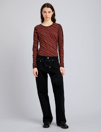 Proenza Schouler Front full length image of model wearing Mia T-Shirt in Tie Dye Tissue Jersey in Bark Multi