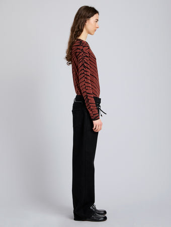 Proenza Schouler Side full length image of model wearing Mia T-Shirt in Tie Dye Tissue Jersey in Bark Multi