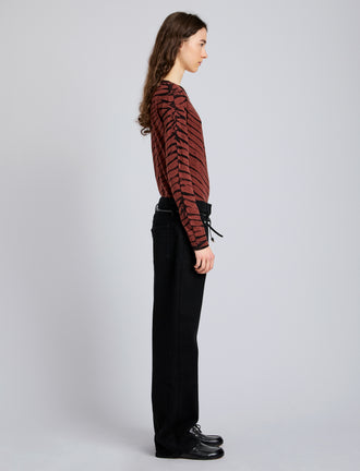 Proenza Schouler Side full length image of model wearing Mia T-Shirt in Tie Dye Tissue Jersey in Bark Multi