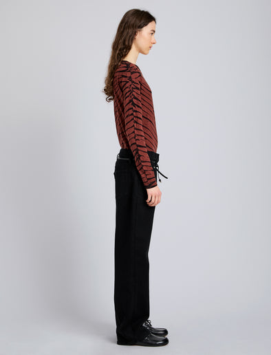 Proenza Schouler Side full length image of model wearing Mia T-Shirt in Tie Dye Tissue Jersey in Bark Multi