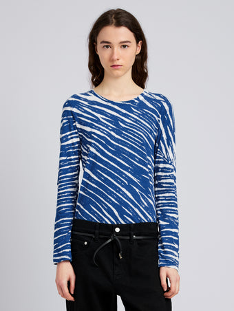 Proenza Schouler Front cropped image of model wearing Mia T-Shirt in Tie Dye Tissue Jersey in Blue Multi