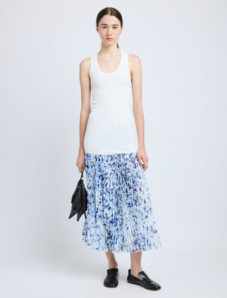 Proenza Schouler Front full length image of model wearing Cecily Skirt in Printed Crinkle Chiffon in Off White Multi