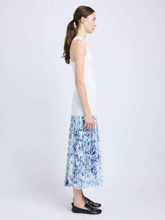 Proenza Schouler Side full length image of model wearing Cecily Skirt in Printed Crinkle Chiffon in Off White Multi