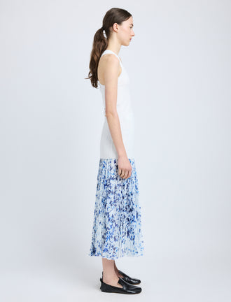 Proenza Schouler Side full length image of model wearing Cecily Skirt in Printed Crinkle Chiffon in Off White Multi