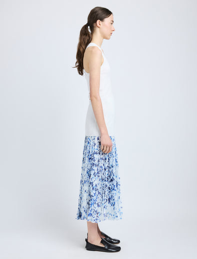 Proenza Schouler Side full length image of model wearing Cecily Skirt in Printed Crinkle Chiffon in Off White Multi