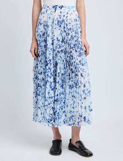 Proenza Schouler Detail image of model wearing Cecily Skirt in Printed Crinkle Chiffon in Off White Multi
