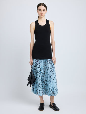 Proenza Schouler Front full length image of model wearing Cecily Skirt in Printed Crinkle Chiffon in Sky Blue Multi