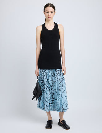 Proenza Schouler Front full length image of model wearing Cecily Skirt in Printed Crinkle Chiffon in Sky Blue Multi