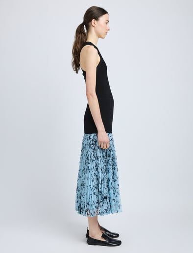 Proenza Schouler Side full length image of model wearing Cecily Skirt in Printed Crinkle Chiffon in Sky Blue Multi