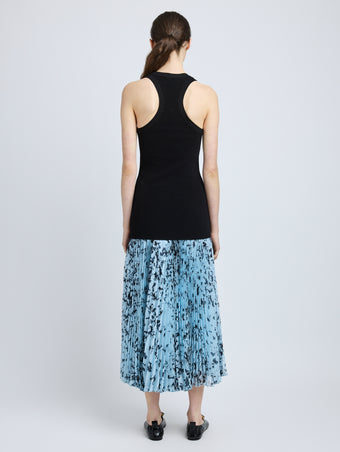Proenza Schouler Back full length image of model wearing Cecily Skirt in Printed Crinkle Chiffon in Sky Blue Multi