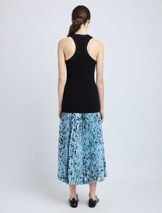 Proenza Schouler Back full length image of model wearing Cecily Skirt in Printed Crinkle Chiffon in Sky Blue Multi