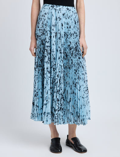 Proenza Schouler Detail image of model wearing Cecily Skirt in Printed Crinkle Chiffon in Sky Blue Multi