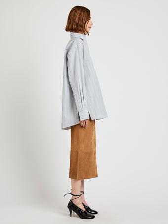 Proenza Schouler Side full length image of model wearing Nadia Skirt in Suede in Pony