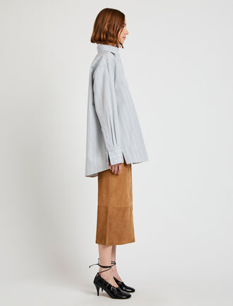 Proenza Schouler Side full length image of model wearing Nadia Skirt in Suede in Pony