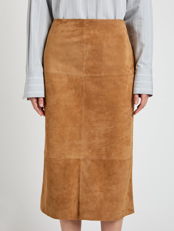 Proenza Schouler Detail image of model wearing Nadia Skirt in Suede in Pony