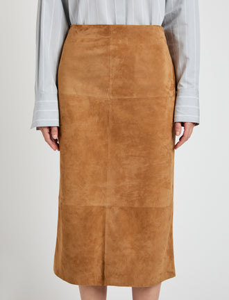 Proenza Schouler Detail image of model wearing Nadia Skirt in Suede in Pony