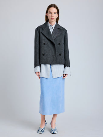 Proenza Schouler Front full length image of model wearing Nadia Skirt in Suede in Light Blue