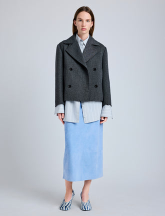 Proenza Schouler Front full length image of model wearing Nadia Skirt in Suede in Light Blue