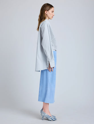 Proenza Schouler Side full length image of model wearing Nadia Skirt in Suede in Light Blue