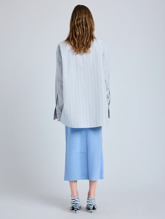 Proenza Schouler Back full length image of model wearing Nadia Skirt in Suede in Light Blue