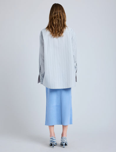Proenza Schouler Back full length image of model wearing Nadia Skirt in Suede in Light Blue