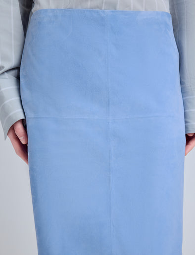 Proenza Schouler Detail image of model wearing Nadia Skirt in Suede in Light Blue