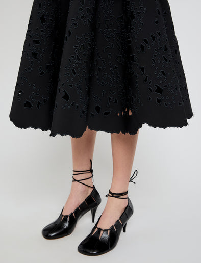 Proenza Schouler Detail image of model wearing Olene Skirt in Broderie Anglaise in Black