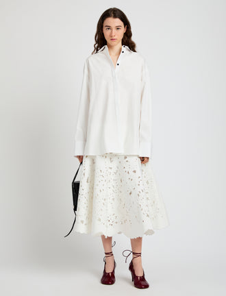 Proenza Schouler Front full length image of model wearing Olene Skirt in Broderie Anglaise in White