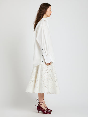 Proenza Schouler Side full length image of model wearing Olene Skirt in Broderie Anglaise in White