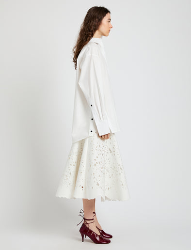 Proenza Schouler Side full length image of model wearing Olene Skirt in Broderie Anglaise in White
