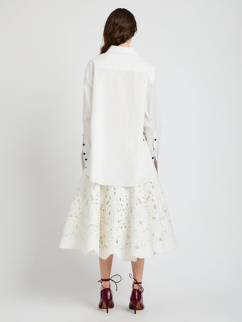 Proenza Schouler Back full length image of model wearing Olene Skirt in Broderie Anglaise in White