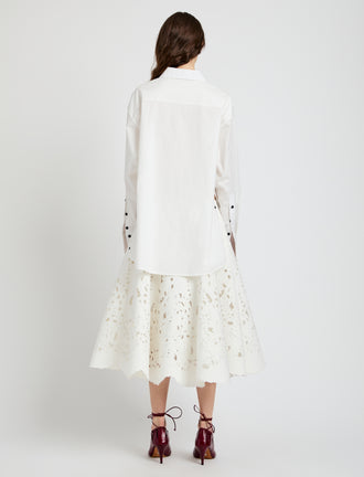 Proenza Schouler Back full length image of model wearing Olene Skirt in Broderie Anglaise in White