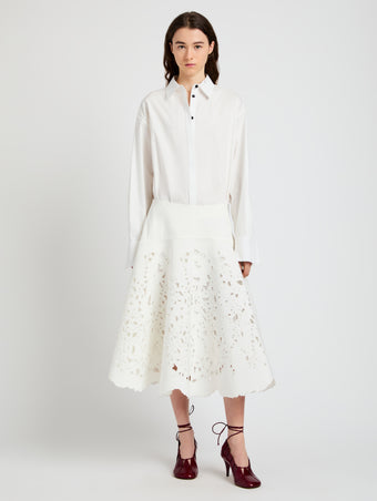 Proenza Schouler Front full length image of model wearing Olene Skirt in Broderie Anglaise in White