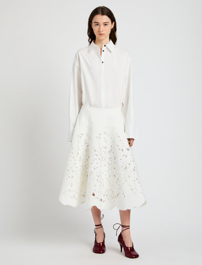 Proenza Schouler Front full length image of model wearing Olene Skirt in Broderie Anglaise in White