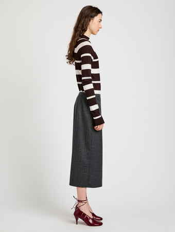 Proenza Schouler Side full length image of model wearing Amery Skirt in Textured Suiting in Charcoal Melange