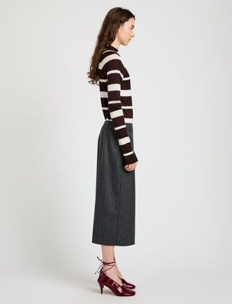 Proenza Schouler Side full length image of model wearing Amery Skirt in Textured Suiting in Charcoal Melange